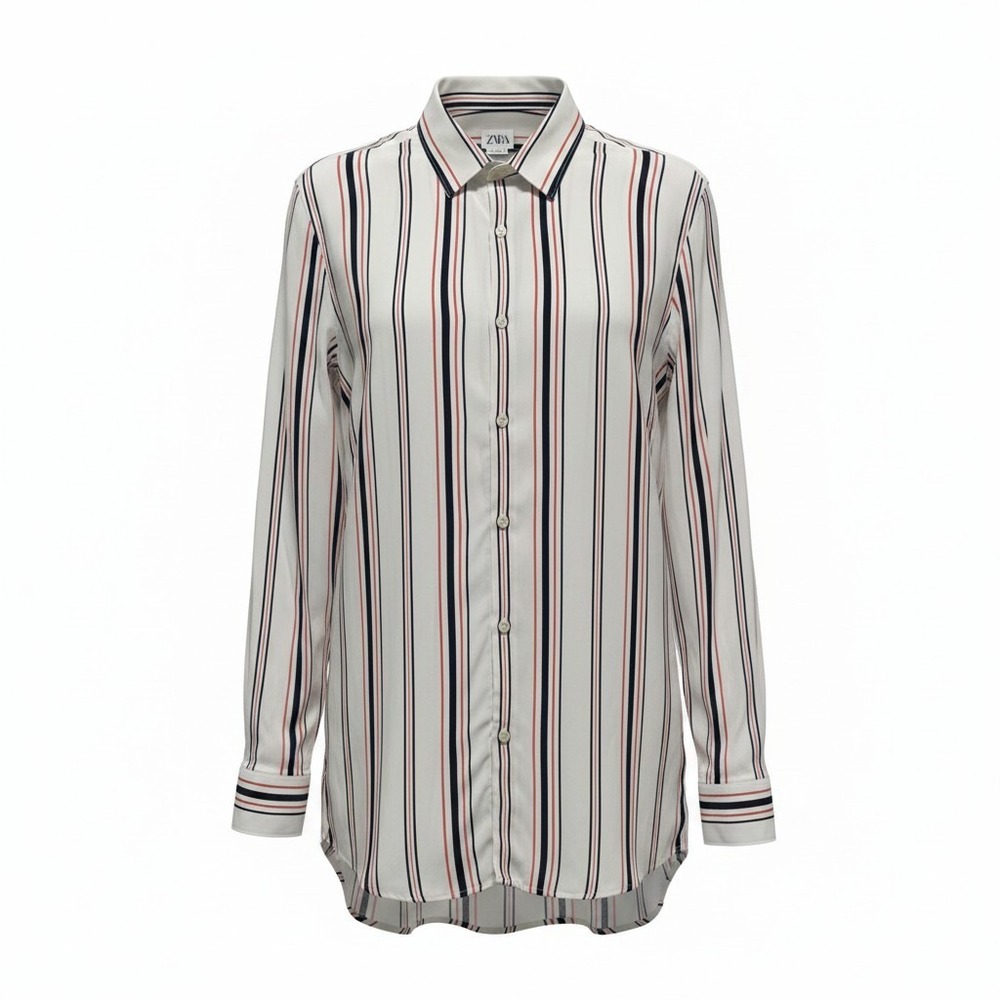 Zara Button Down Shirt Mens Small White Slim Fit Striped Viscose Long Sleeve